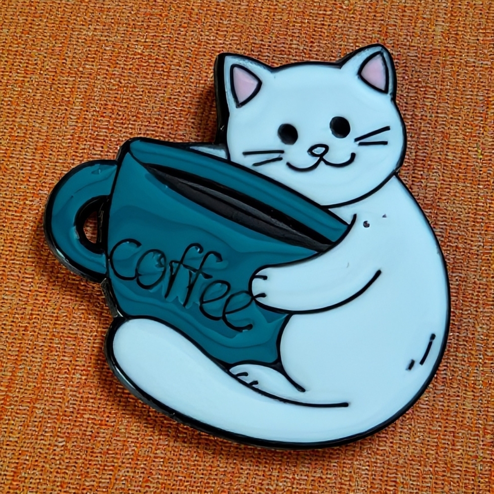 White Cat Enamel Pin Hugging Teal Coffee Mug